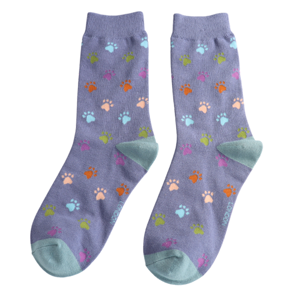 Miss Sparrow Ladies Bamboo Cat Socks 'Multi Paw Prints' Denim