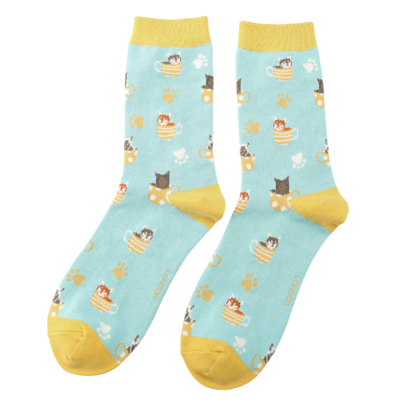 Miss Sparrow Ladies Bamboo Cat Socks 'Cats in Cups' Aqua