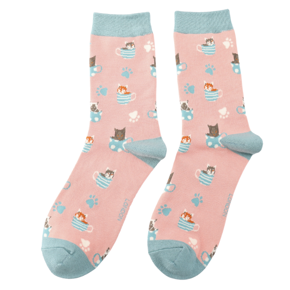 Miss Sparrow Ladies Bamboo Socks 'Cats in Cups' Dusky Pink