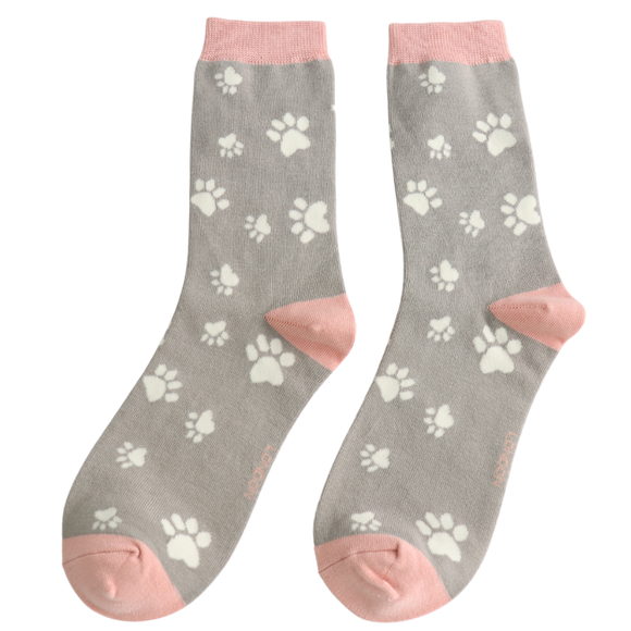 Miss Sparrow Ladies Bamboo Cat Socks 'Paw Print' Grey
