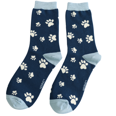 Miss Sparrow Ladies Bamboo Cat Socks 'Paw Print' Navy