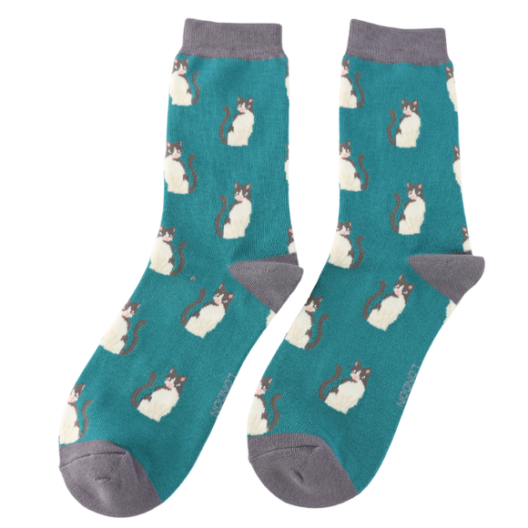 Miss Sparrow Ladies Bamboo Cat Socks 'Cool Cats' Teal