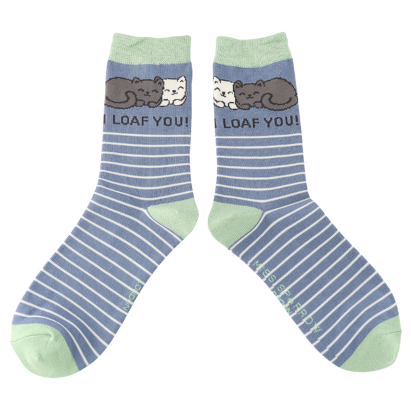 Miss Sparrow Ladies Bamboo Cat Socks 'I Loaf You' Denim