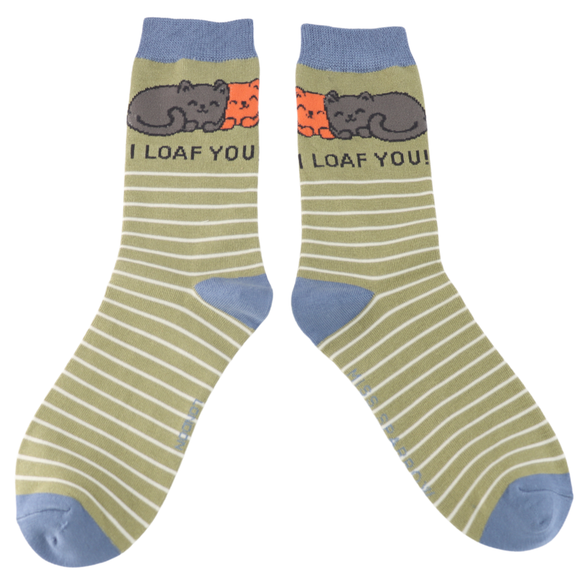 Miss Sparrow Ladies Bamboo Cat Socks 'I Loaf You' Moss Green