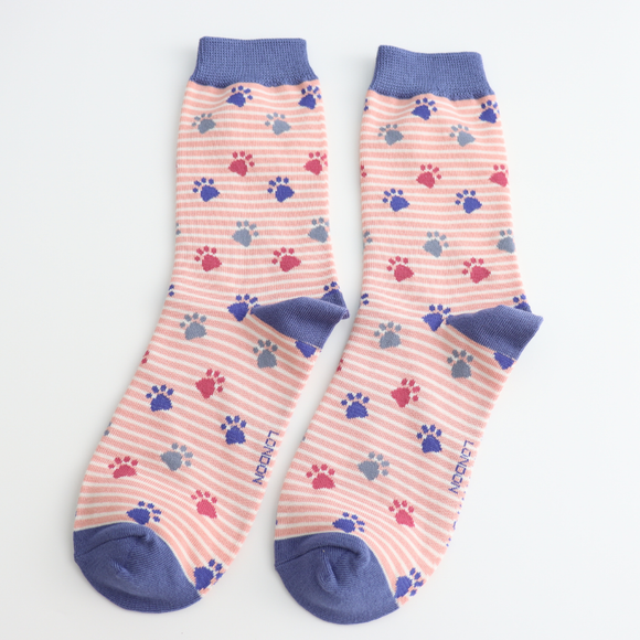 Miss Sparrow Ladies Bamboo Cat Socks 'Paws & Stripes' Dusky Pink