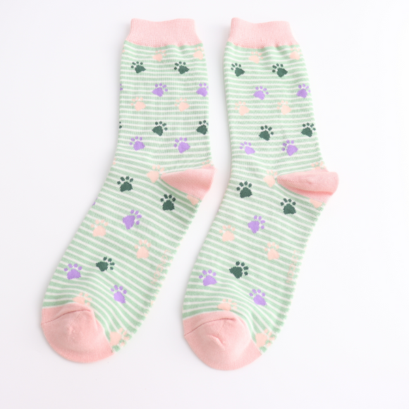 Miss Sparrow Ladies Bamboo Cat Socks 'Paws & Stripes' Mint