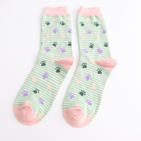 Miss Sparrow Ladies Bamboo Cat Socks 'Paws & Stripes' Mint