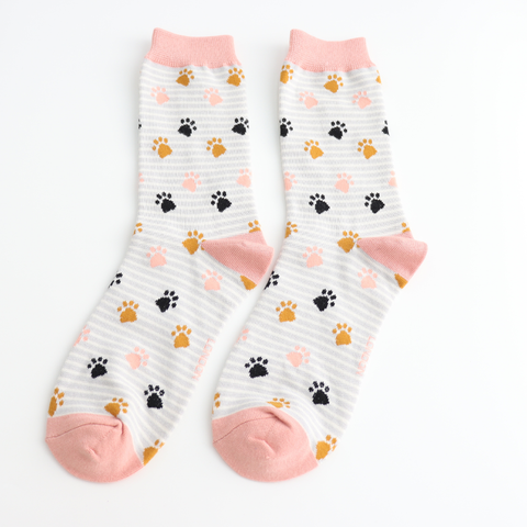 Miss Sparrow Ladies Bamboo Cat Socks 'Paws & Stripes' Silver