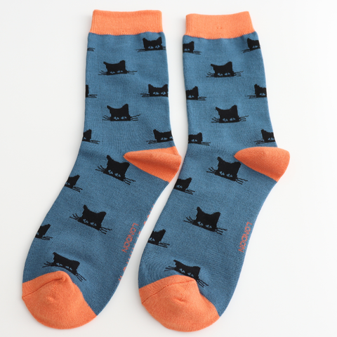 Miss Sparrow Ladies Bamboo Cat Socks 'Peeking Cats' Denim Blue