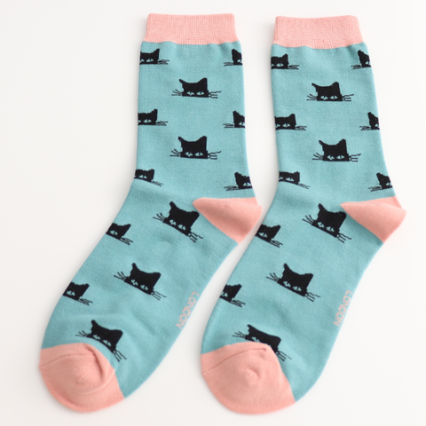Miss Sparrow Ladies Bamboo Cat Socks 'Peeking Cats' Duck Egg