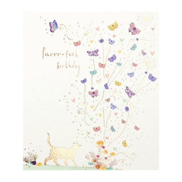 Cat with Butterflies Purrfect Birthday Card with Gold Foil