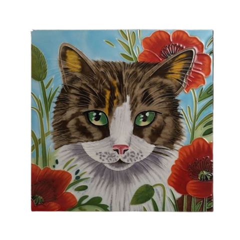 Handcrafted Decorative Poppy Patch Prowl Cat Tile 8x8"