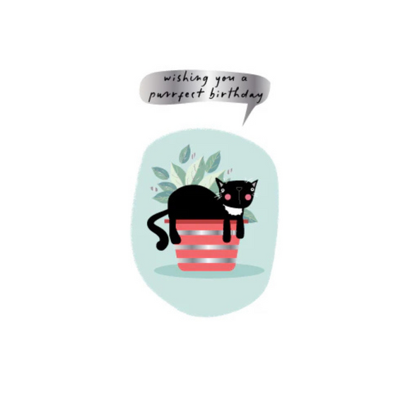 Cat Silver Foil Birthday Greetings Card - Plant Pot