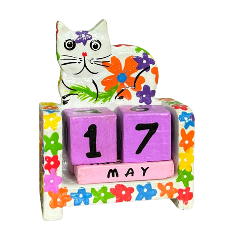 Fair Trade Handmade Wooden Colourful Cat Perpetual Calendar