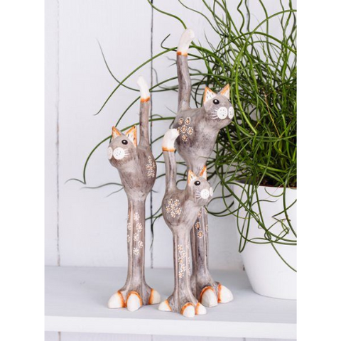 Fair-trade Handmade 3 Grey Wooden Cats Ornaments