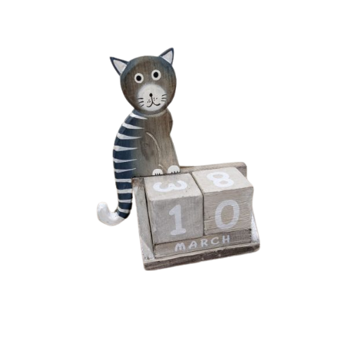 Fair-trade Handmade Wooden Calendar - Blue Sitting Cat