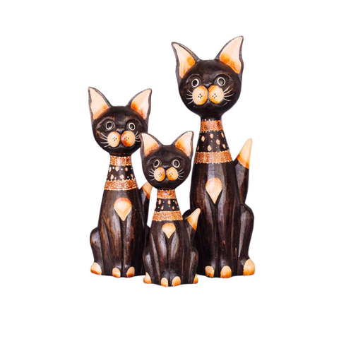 Fair Trade Handmade Set of 3 Brown Wooden Cats Ornaments