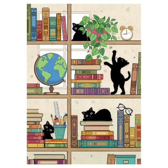 Bug Art Luxury Greetings Card - Bookcase Kitties