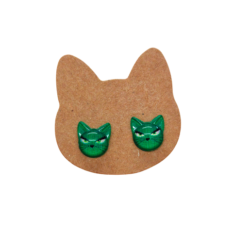 Cat Earrings - Emerald Green Kitty Head Studs