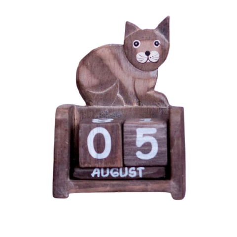 Fair-trade Handmade Wooden Sitting Cat Calendar 7 x 10cm