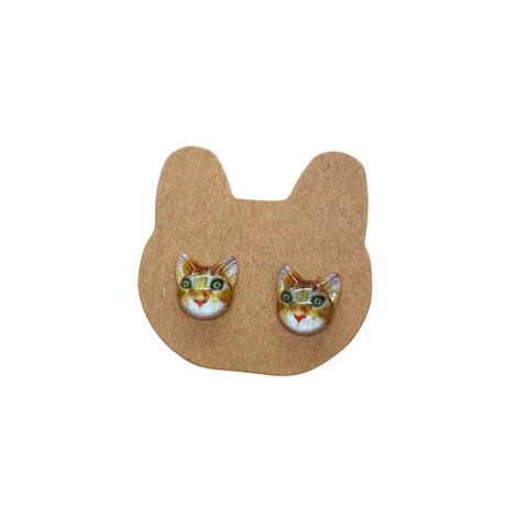 Cat Earrings - Ginger & White Kitty Head Studs