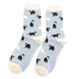 Miss Sparrow Bamboo Socks 'Black & White Cats' Powder Blue