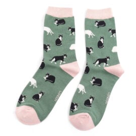 Miss Sparrow Bamboo Socks 'Black & White Cats' Green