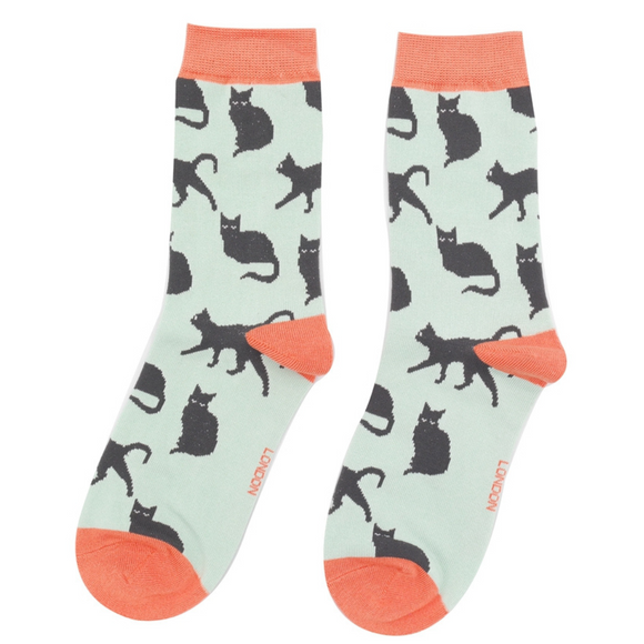 Miss Sparrow Ladies Bamboo Socks 'Cute Cats' Duck Egg