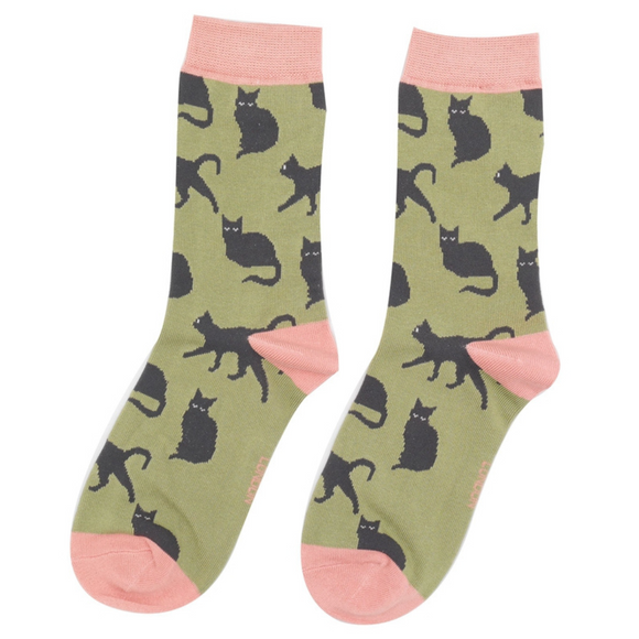 Miss Sparrow Ladies Bamboo Socks 'Cute Cats' Olive