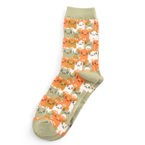 Miss Sparrow Bamboo Socks 'Happy Cats' Olive