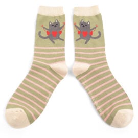 Miss Sparrow Bamboo Cat Socks 'Lovely Cats' Soft Olive