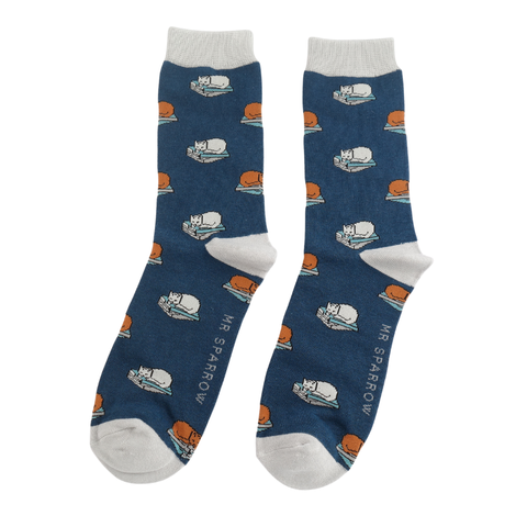 Mr Sparrow Men's Bamboo Cat Socks 'Cat Nap' Denim