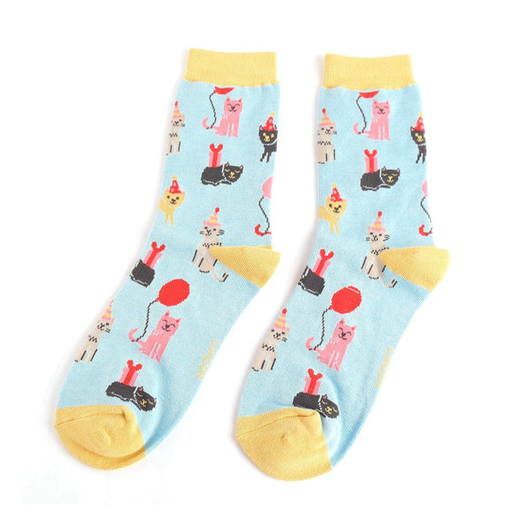 Miss Sparrow Bamboo Cat Socks 'Party Cats' Powder Blue