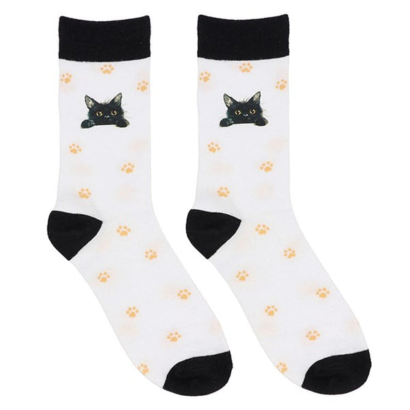 Pawsome Black Cat & Paw Prints Cotton Socks