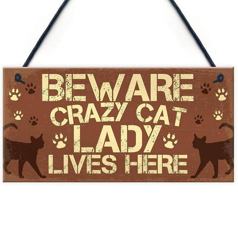 "Beware Crazy Cat Lady" Plywood Hanging Cat Plaque