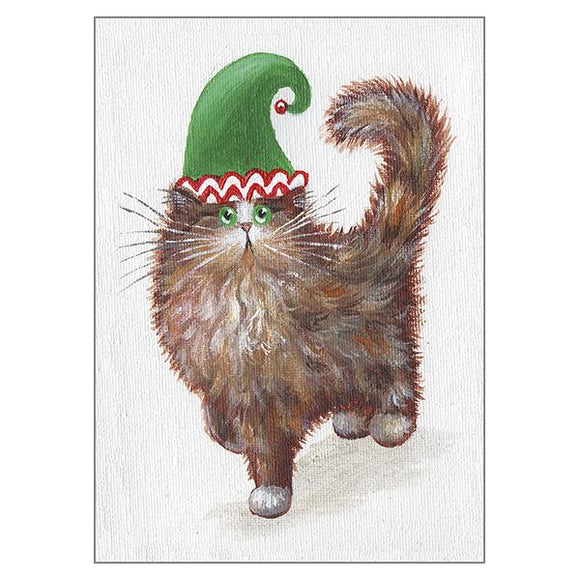 Kim Haskins Cat Christmas Card - Elf Kitten (Green Hat)