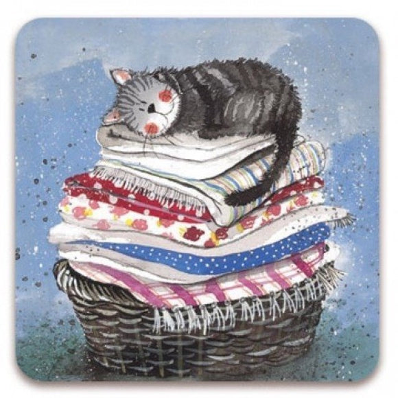 Alex Clark Single Coaster - Laundry Basket Cat