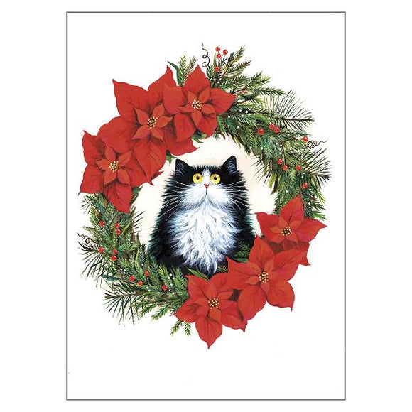 Kim Haskins Cat Christmas Card - Poinsettia