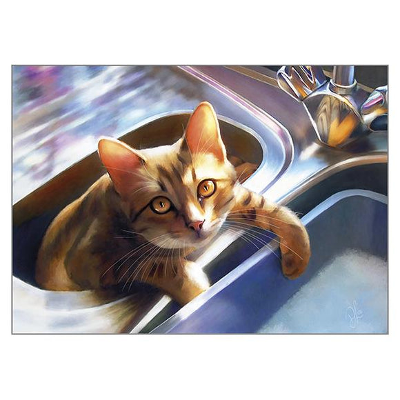 Denise Laurent Cat Greetings Card - Doing the Washing Up