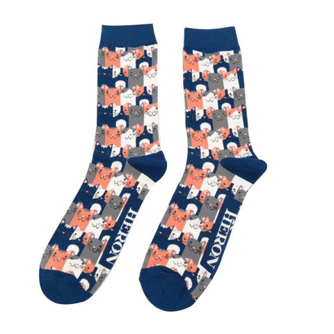 Mr Heron Men's Bamboo Socks 'Happy Cats' Navy