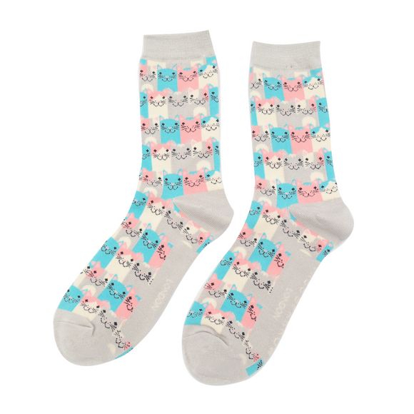 Miss Sparrow Ladies Bamboo Socks 'Happy Cats' Silver