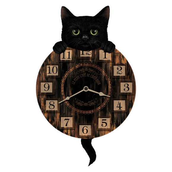*Wooden Black Kitten Cat Dancing Tail Wall Clock*