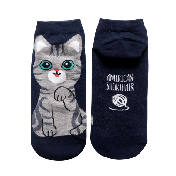 Ladies Cotton Ankle Socks - Cartoon Cats, 5 Colours