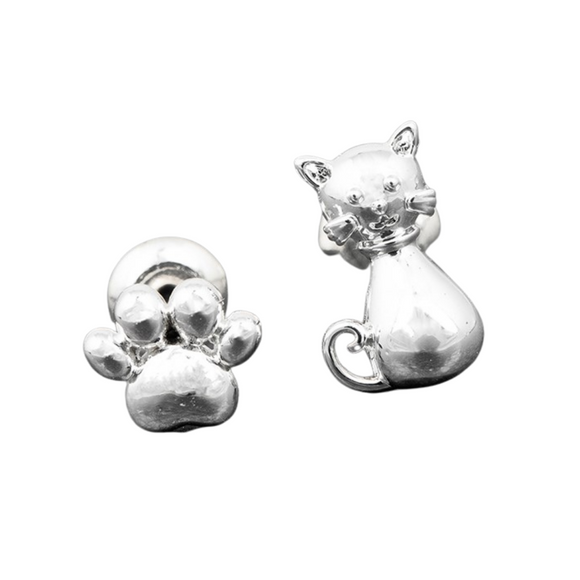 Equilibrium Silver Plated Cat & Paw Print Odd Earrings